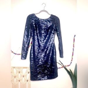 Vince Camuto dress sequin metallic blue Animal print sheath long sleeve mini